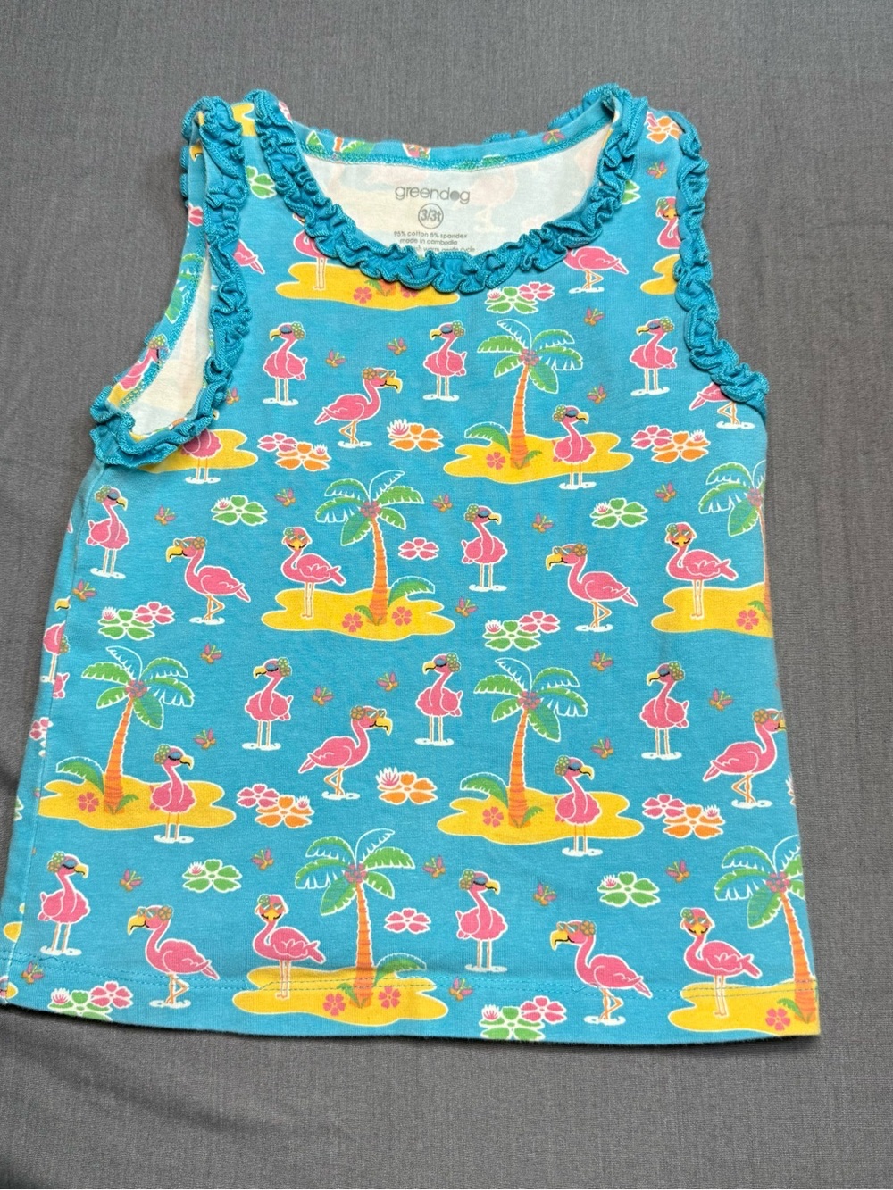 Greendog Girls' Blue Flamingo Ruffle Tank Top